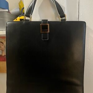 St. John Black Leather Structured Tote | Gold Hardware | Dust Bag Included